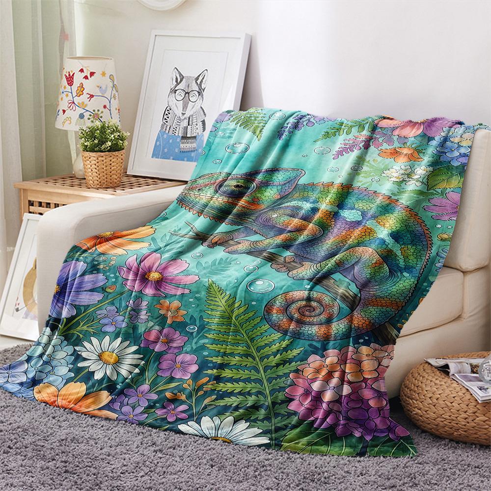 1PC Chameleons and Plants Print FlAannel Blanket, High quality Comfortable for All Seasons, Home Decor, Warmth and Comfort