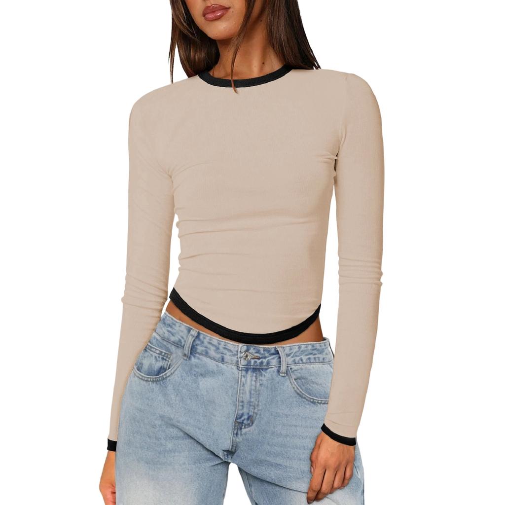 Women's Long-Sleeve Slim-Fit Color Block Crop Base Layer Top