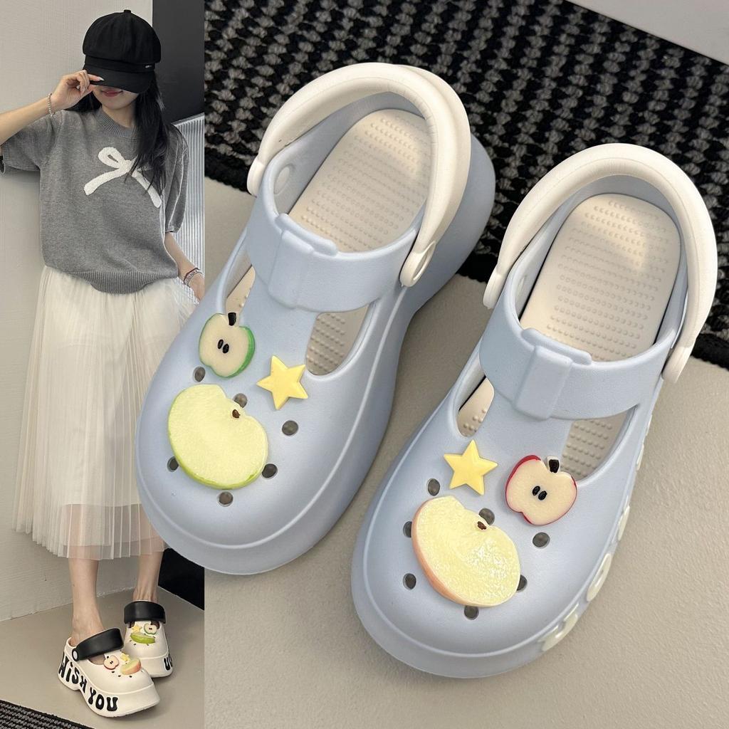 Thick-soled Heightening Beach Mary Jane Cool Slippers 2025 Summer and Autumn New Internet Celebrity Cute Apple Hole Shoes Women's Wear