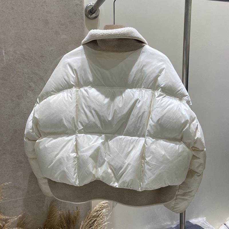 Short lapel lamb wool splicing thickened foreign style winter down jacket women's loose casual bread jacket