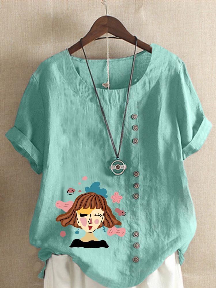 Women's Fashion Abstract Girl Print Shot Sleeve T-shirt Loose Cotton Shirt Casual Loose Summer Plus Size Blouse Tops