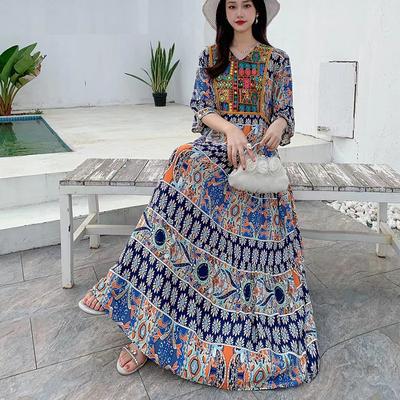 Women's Summer Ethnic Style Embroidered Dress, Classical Style Tourist Vacation Cotton Silk Floral Beach Dress