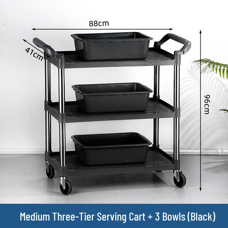 Three-tier Stainless Steel Service Cart: Meal, Food, Beverage, and Dish Collection Trolley for Restaurants and Hotels.