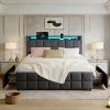 Bed Frame Color-Changing LED Light Strip, Built-In Charging Station, 4 Storage Drawers, Wooden Slats,Linen Frbric,Grey
