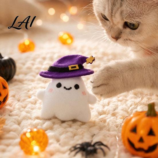 Plush Cat Toy Halloween Theme Toy Soft Ghost Bat Pumpkin Cute Stuffed Chew for Indoor Cats Boredom Relief Holiday Pet Photography Props