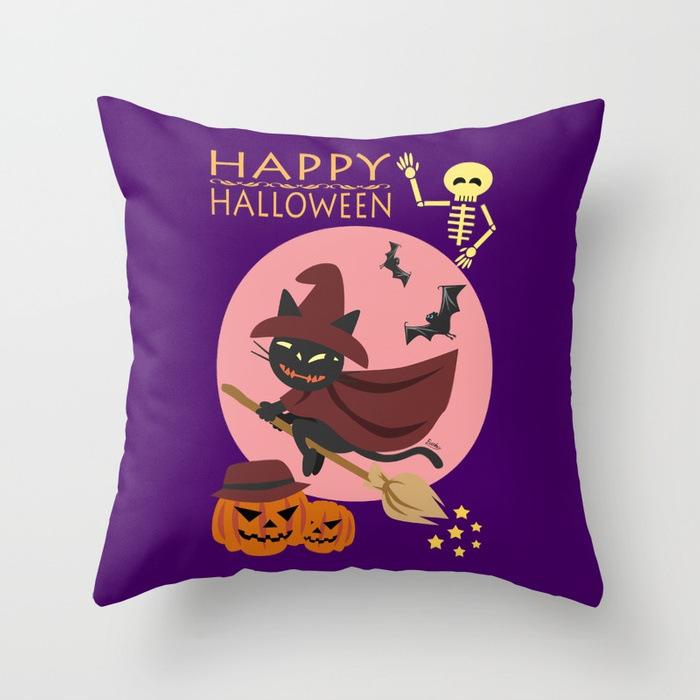Halloween Cat Pumpkin Peach Velvet Fabric Pillowcase Funny Cartoon Image Decorative Cushion Pillowcase