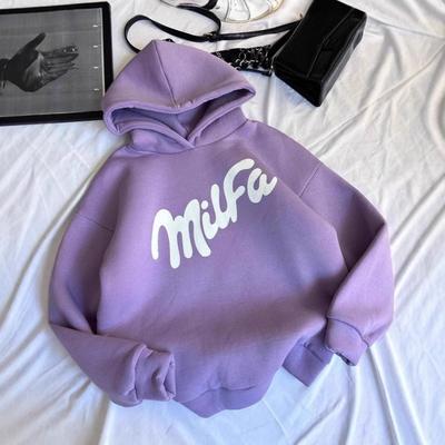 Purple Hooded Sweatshirt Women Oversized Loose Fit Winter Warm Thick Fleece Lined Casual Streetwear