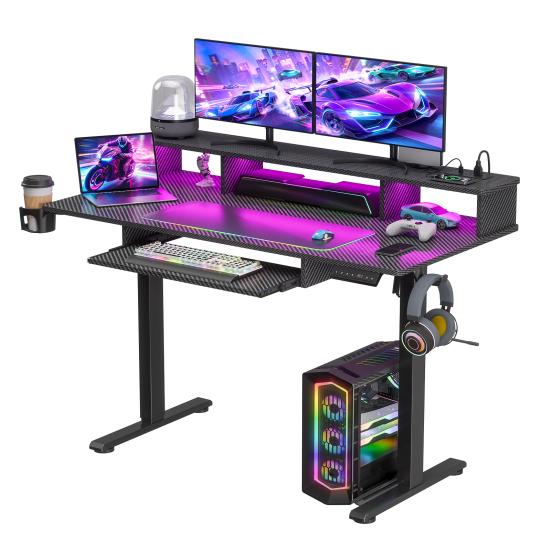 Stehschreibtisch Elektrischer Schreibtisch 48" x 24" Höhenverstellbar Gaming mit Steckdosen & LED-Leuchten Ergonomischer Sit-Stand-Auf-Ab Computer Tisch