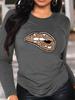 100% Polyester Women's Spring and Autumn Fashion Comfortable Long Sleeve Love Footprint Pattern Printed Round Neck T-shirt