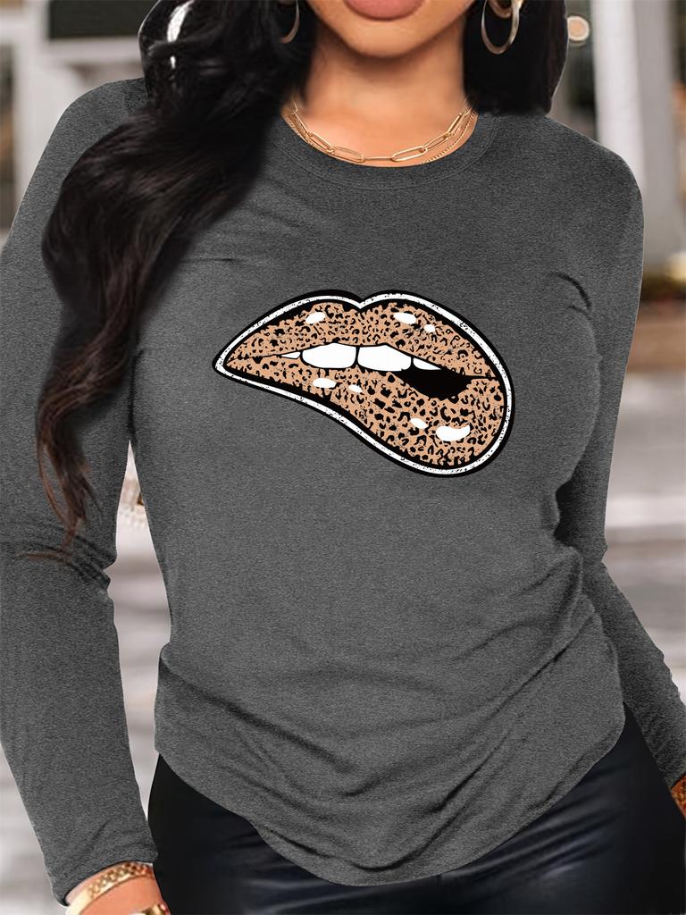 100% Polyester Women's Spring and Autumn Fashion Comfortable Long Sleeve Love Footprint Pattern Printed Round Neck T-shirt