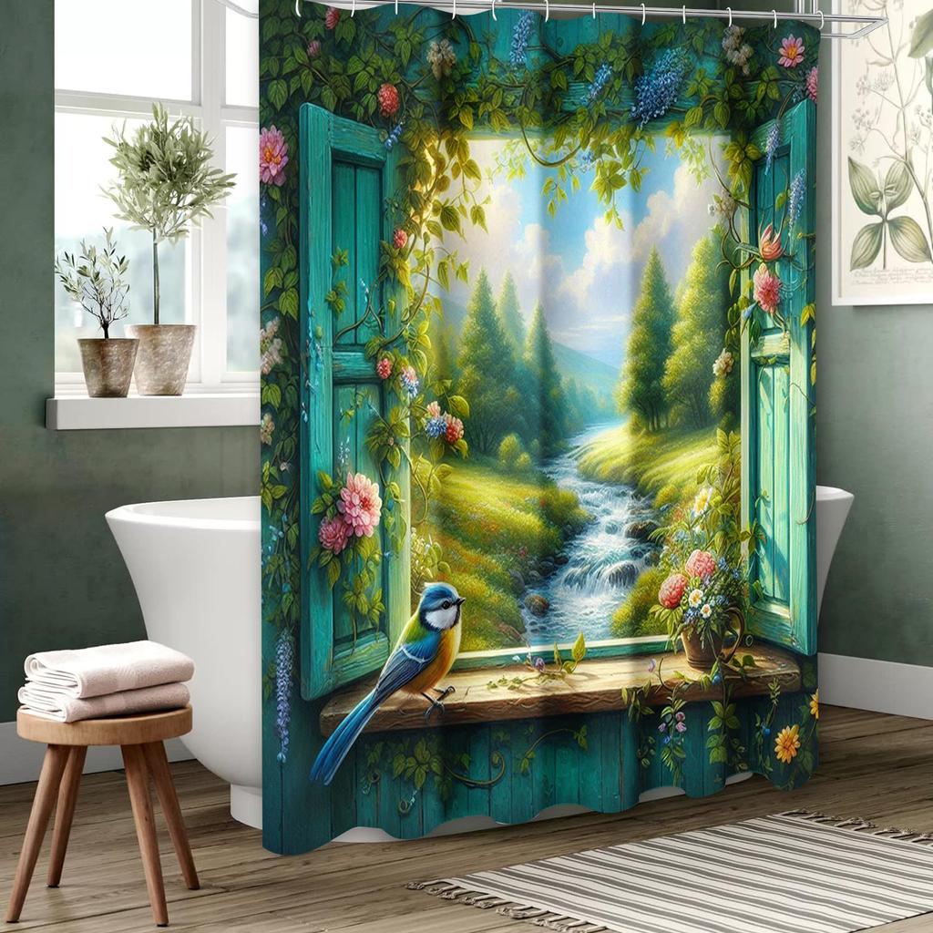 Flower and Birds Pattern Bathing Curtain  Bathroom Shower Curtain Waterproof With 12 Hooks Home Deco Free Ship