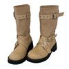 Western cowboy boots women's new summer khaki retro belt buckle thick heel medium tube boots stacked short boots