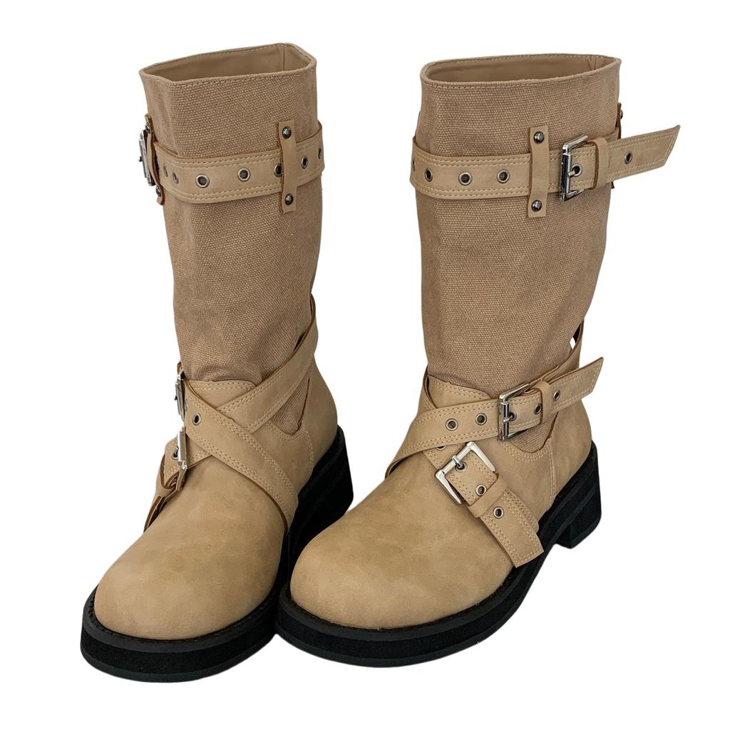 Western cowboy boots women's new summer khaki retro belt buckle thick heel medium tube boots stacked short boots