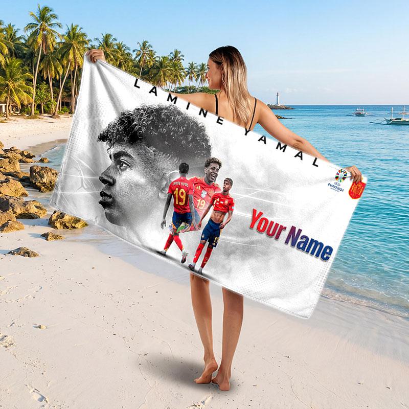 Lamine Yamal Personalizowany Ręcznik Plażowy, Nadruk z Imieniem, Miękki Szybkoschnący Ręcznik z Logo Piłkarskim, Prezent Wakacyjny
