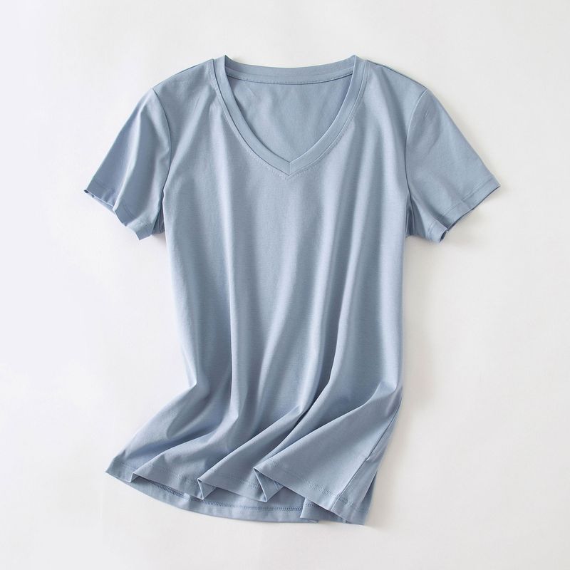 

60S Liquid Ammonia T-shirt Spring and Summer Pure Cotton Base Shirt Short Sleeve Haze blue v-neck 2XL(Below 70.00kg)