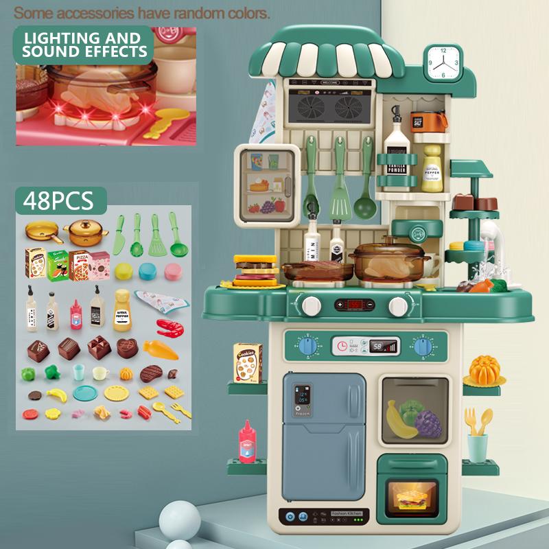 Simulated Kitchen Playset With Lights Sound Spray Steam Kids Pretend Cooking Toy Tableware Sink Set Gift For Boys Girls