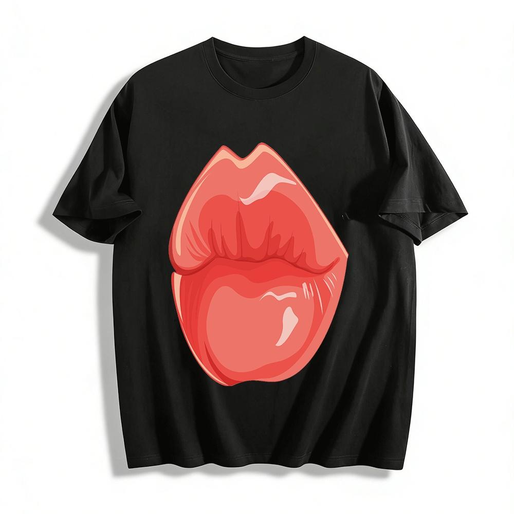 

Sexy Red Lip Print Casual Crew Neck Tee Shirt Pure cotton T-shirt XXS