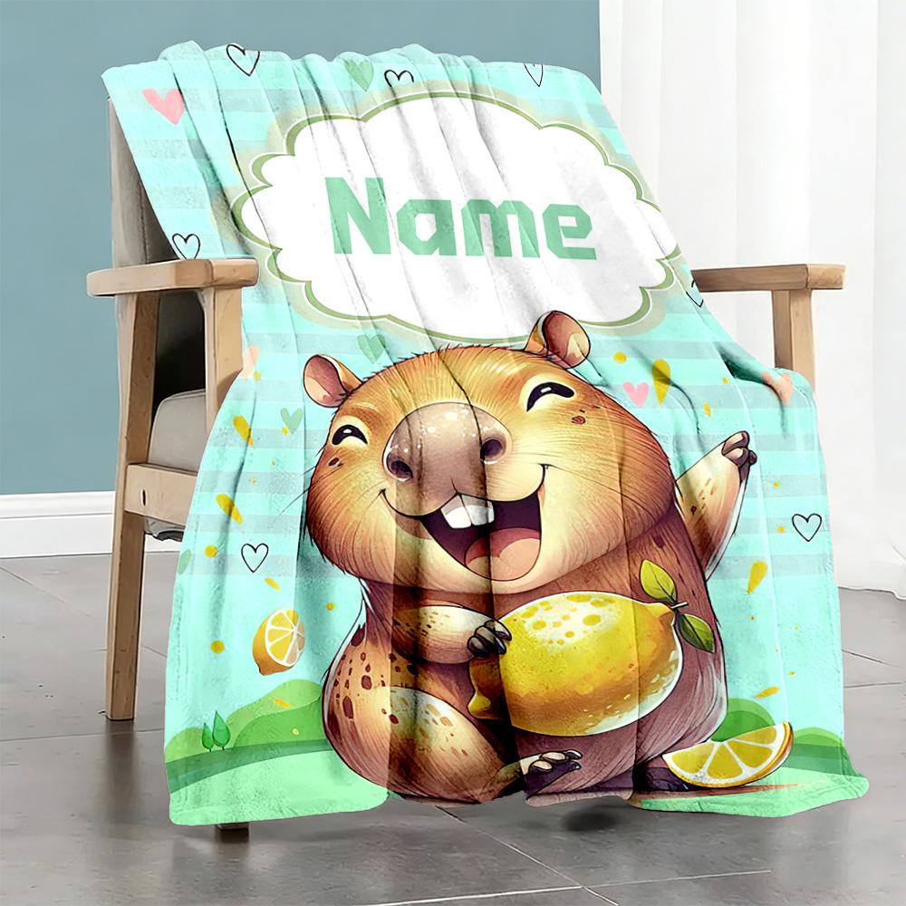 Capybara Loves Lemons Personalized Text Blanket Throw Customizable Blanket Soft & Cozy Suitable for Livingroom Picnics Chair Office Chair