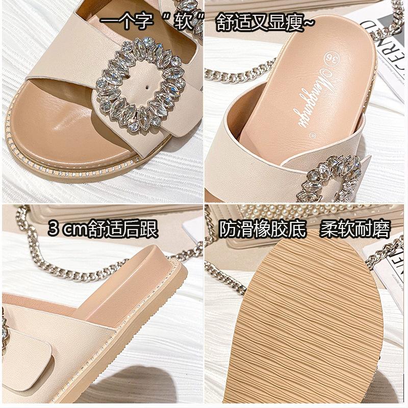Fashion 2025 Brand Rhinestone Buckle Sandals Women's Double Strap Slippers Crystal Shoes Casual Slippers Flat