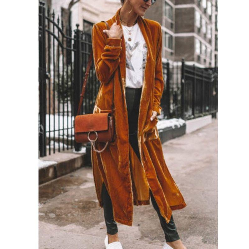 Fashion Loose Gold Velvet Stretch Mid Length Trench Coat