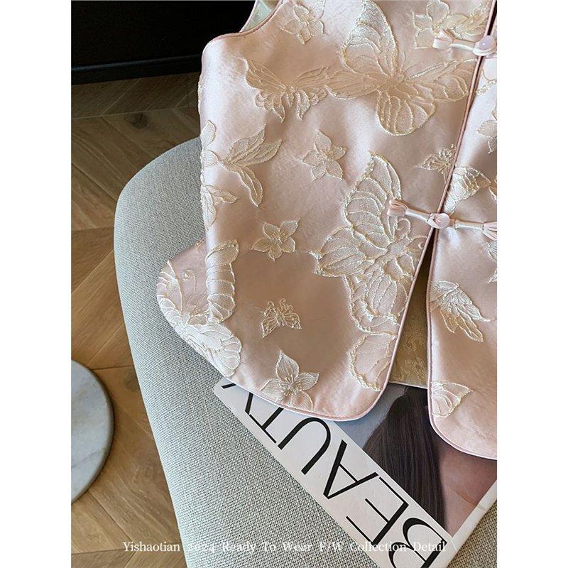 2025 Vest Jacquard Stand-up Collar Disc-buckled Vest Women's Sweet Temperament Vest Women's Vest