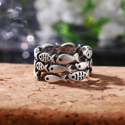 1pc Bague Rétro Vintage Large Trois Couches Petit Poisson, Mignonne Bague d'Index