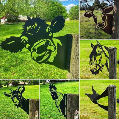 Metallkonst Utomhus Trädgårdshänge Dekoration, Trädgård Trädgård Peeking Cow Ornament Stål Silhuett Hantverk för bondgård, lätt att hänga