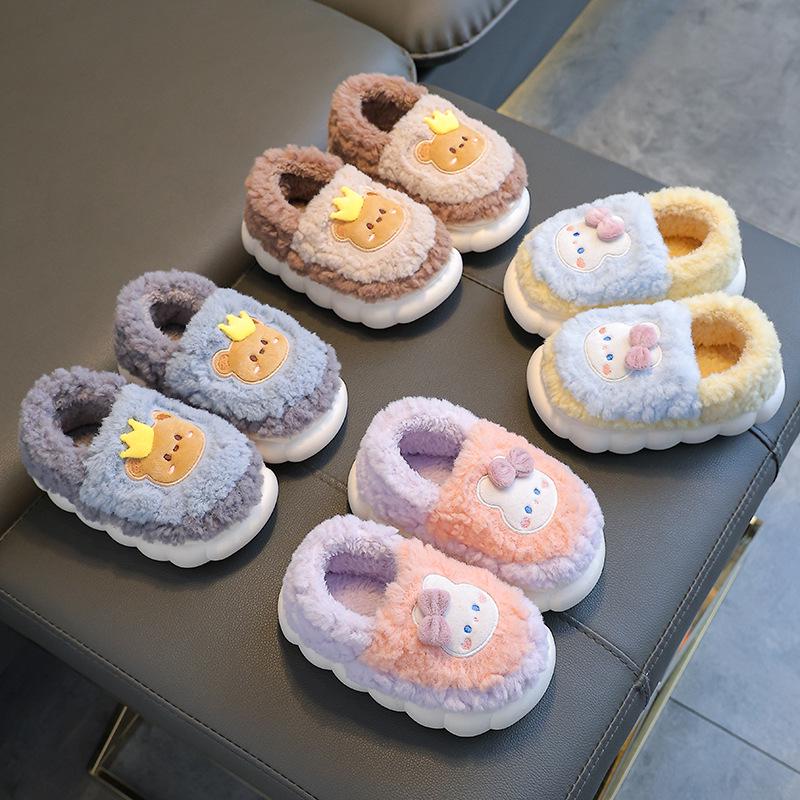 Winter Kids' Cotton Cartoon Slippers – Non-Slip, Plush, Closed-Back for Boys, Girls & Parent-Child Matching