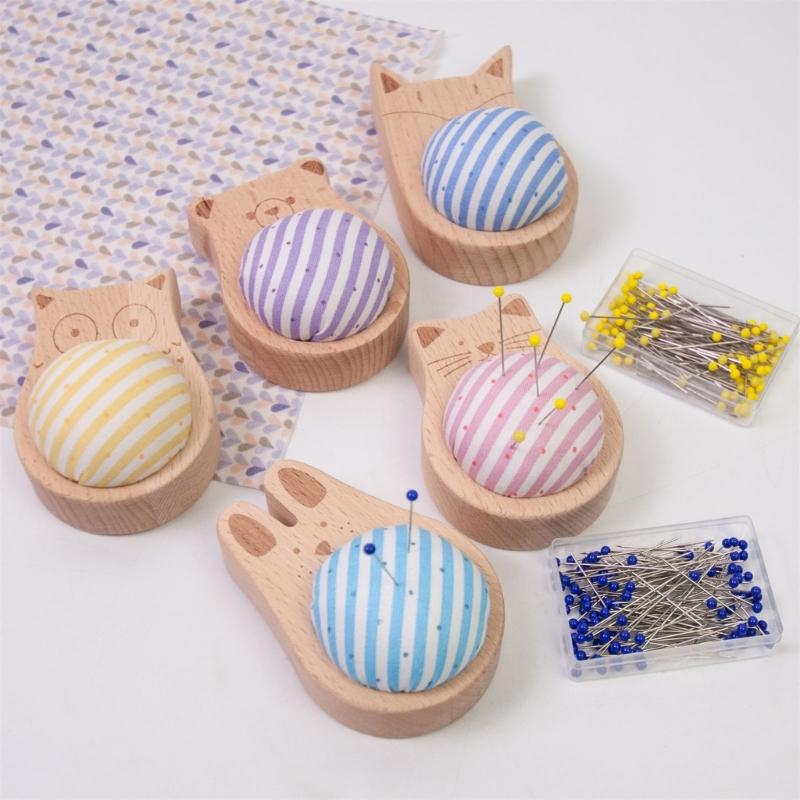Pin Holder Wood Pin Cushion with 100Pcs 38mm Long Straight Sewing Pin for Fabric Sewing Dressmaking Needlework