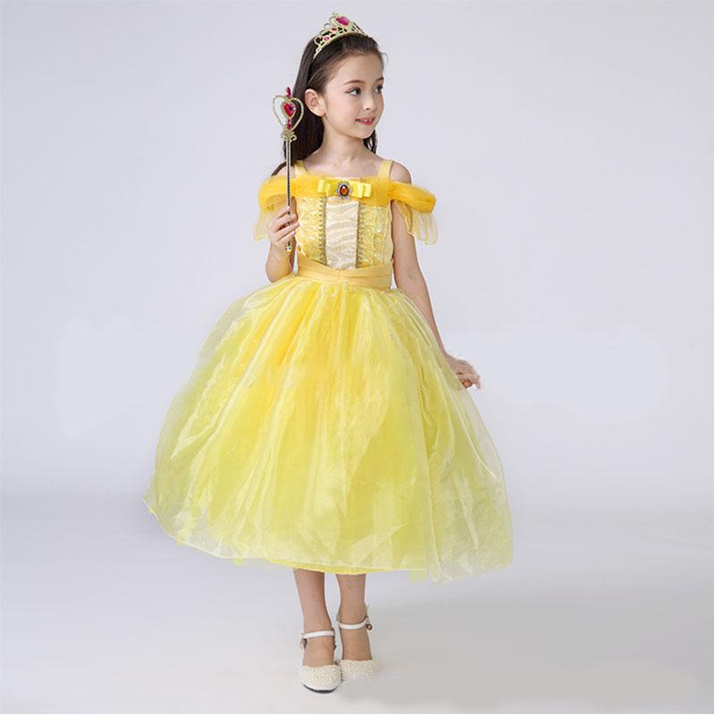 

Костюм принцессы для девочек, детский, сказочный, нарядный, Белль, Золушка, Рапунцель, Аврора Yellow,70CM
