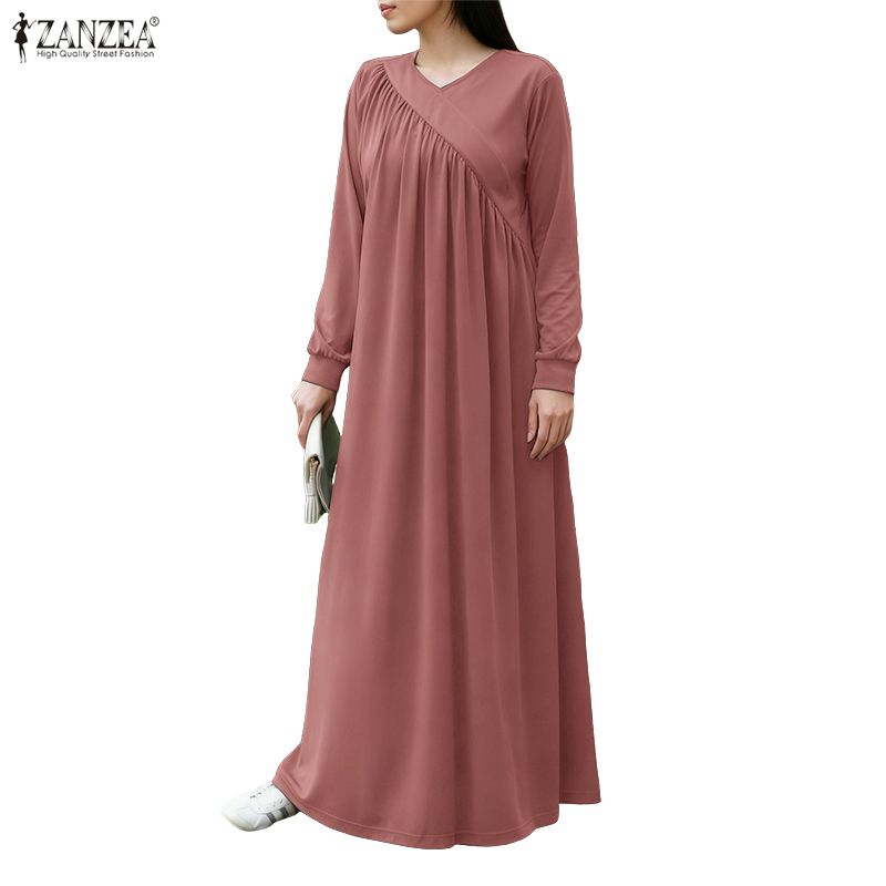 ZANZEA Women Casual V-Neck Long Sleeve Loose Long Dress