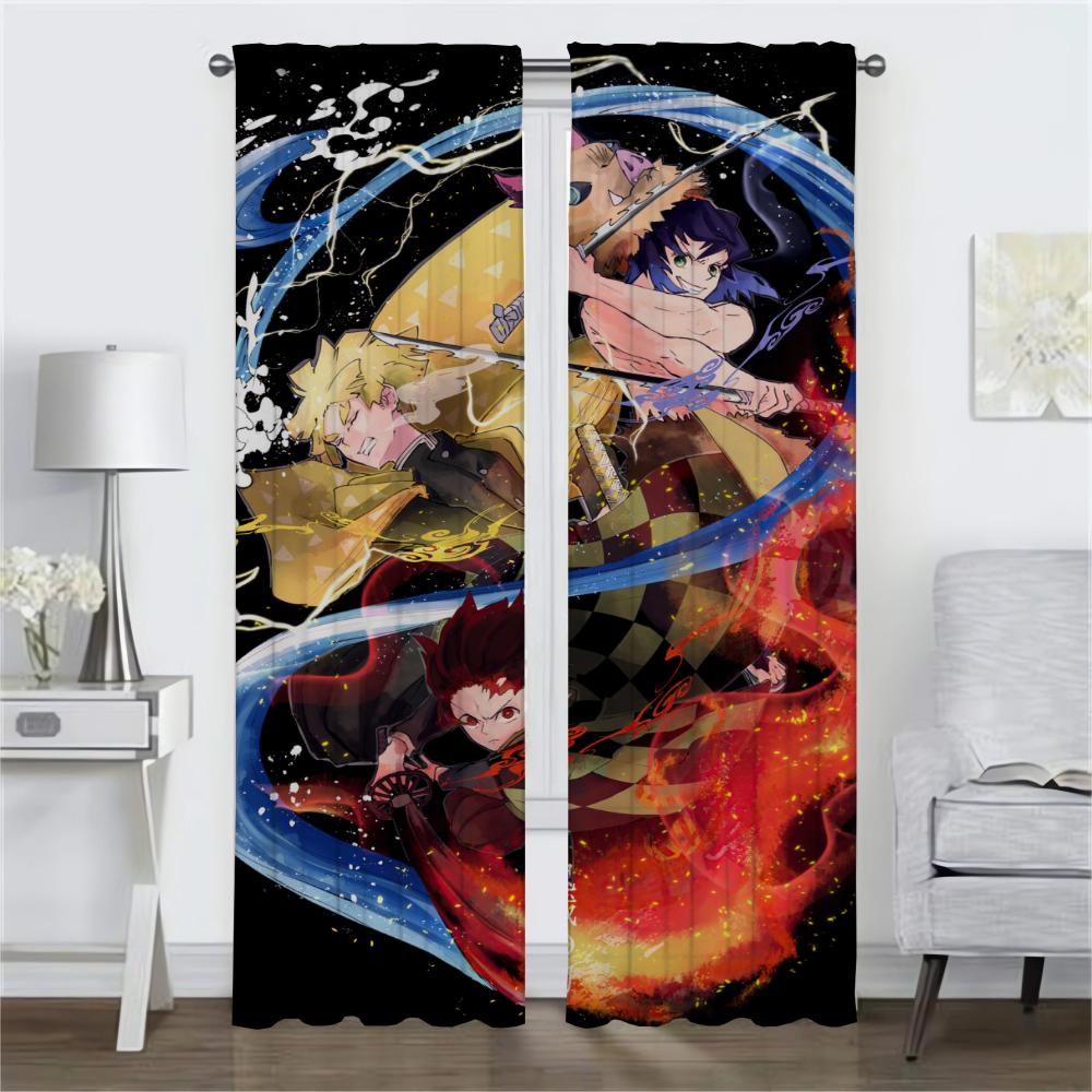 Demon Slayer Elegant Room Curtains for Living Room Halloween Decoration Home Interior Curtains 2 Pieces Tulle for Bedroom Shades
