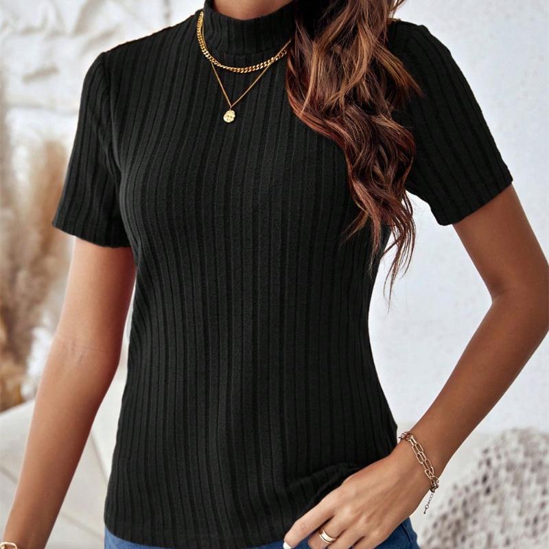 Modny, dopasowany krój, okrągły dekolt, damski T-shirt, damskie koszulki z krótkim rękawem, 2024, letni, swobodny, prążkowany, dzianinowy T-shirt, damski, elegancki, jednolity, damski T-shirt 24405