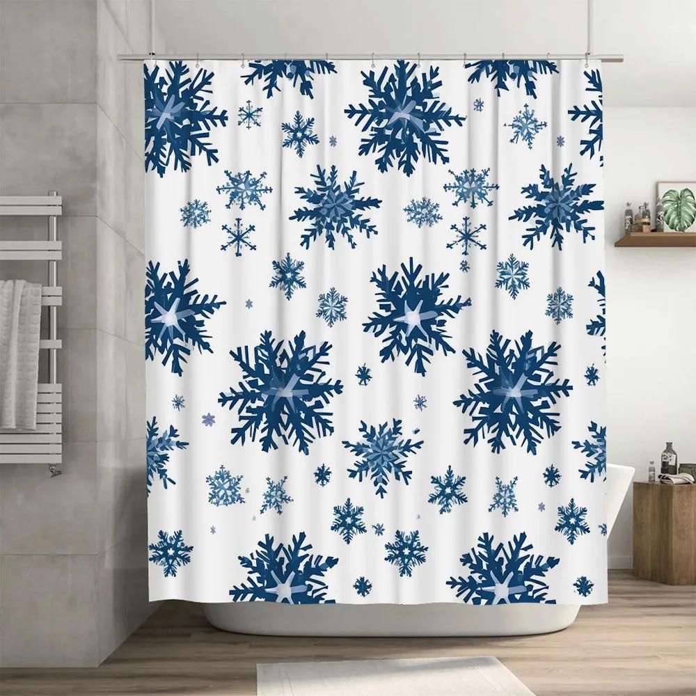 Schneeflocken Duschvorhang Wasserdicht Badezimmer Deko Blau Weiß Muster Haus Bad