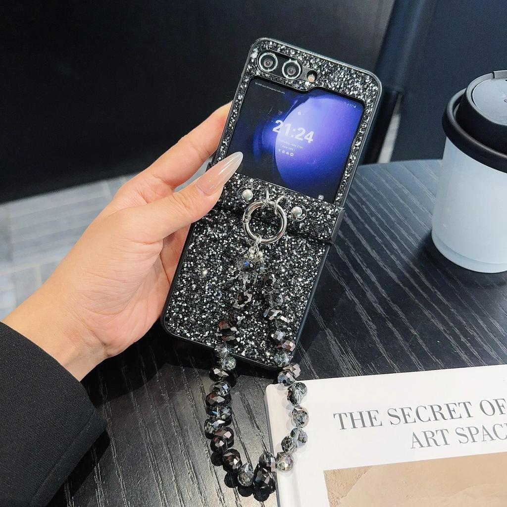 PU Leather Bling Glitter Cover with Bead Wrist Chain Strap Bracelet For Samsung Galaxy Z Flip 6 5 4 3 Phone Case