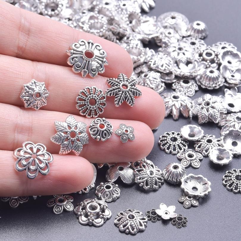 10/20/30/50/100pcs Random Mix Vintage Flower Bead Caps For Jewelry Making Silver Color Accessories DIY Metal Components Findings