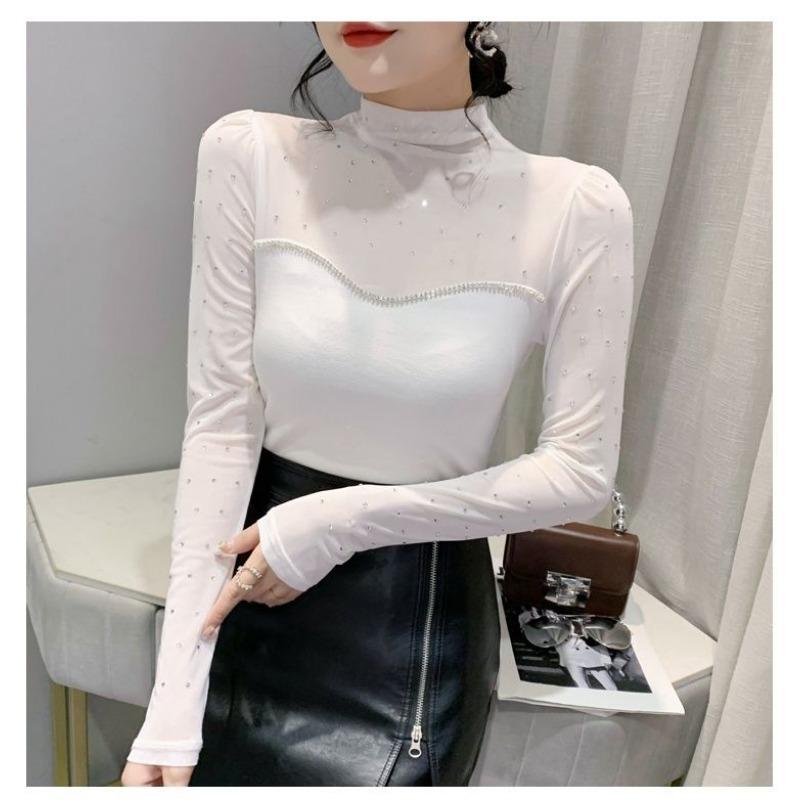 European Autumn New Slimming Fashion Mesh Splicing Hot Diamond Beads Sexy Versatile Long-sleeved Bottoming Shirt