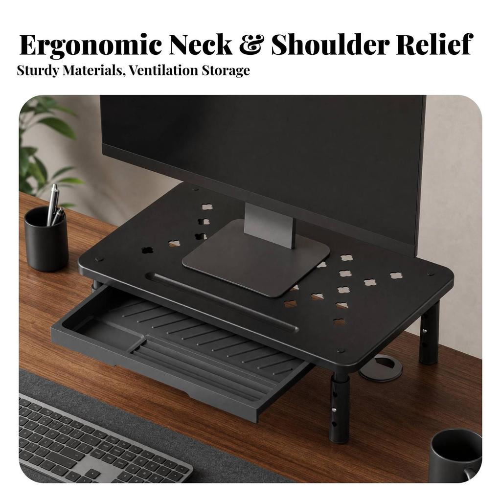 Monitor Riser with Drawer Sturdy Ventilated Stand Modern Minimalist