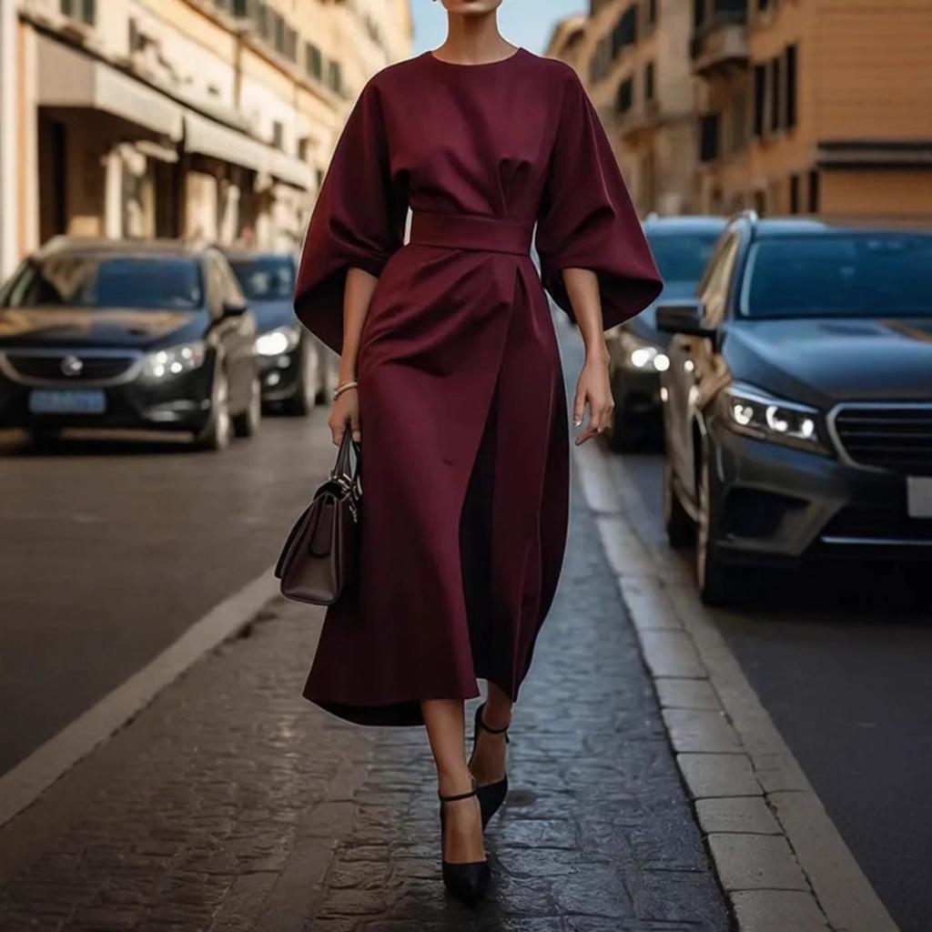 Women Elegant Belted Maxi Dress Batwing Sleeve Round Neck Split Solid Color Formal Party Long Gown