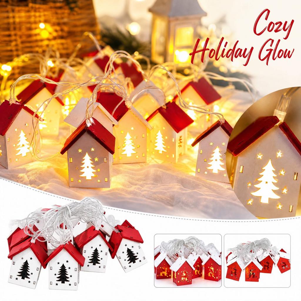 Wooden Christmas Decoration with Tree, Deer and Red House Design, Festive Tabletop Decorative Light