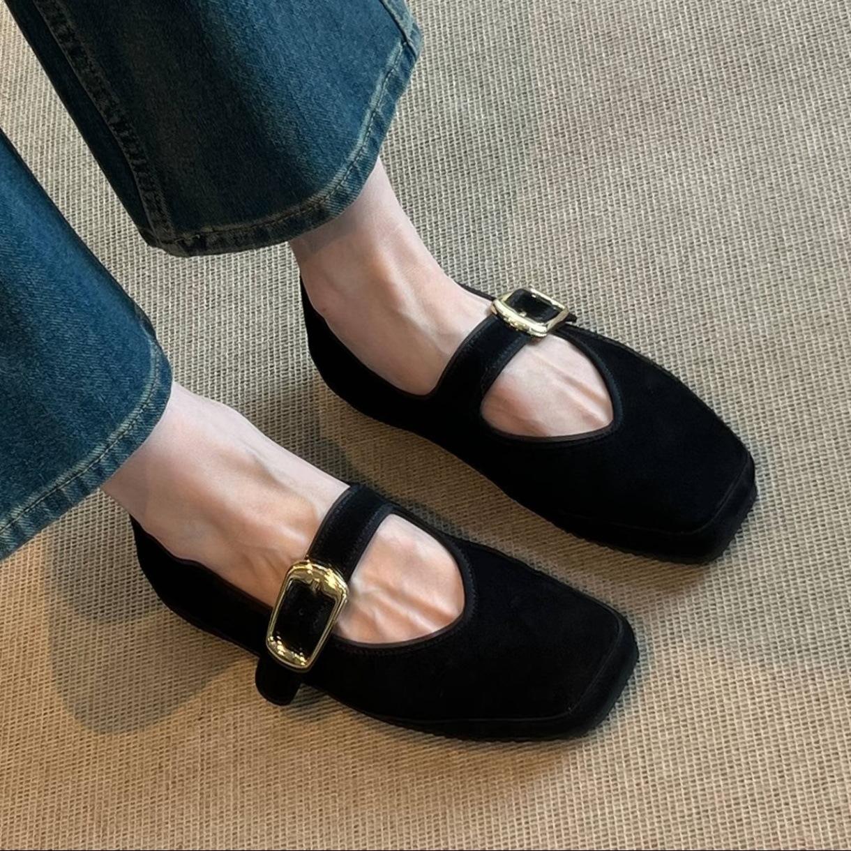 

Sheepskin version~ 2025 autumn and summer new soft-soled square head Mary Jane single shoes women s outer wear commuting versatile bag head half sl 35 чёрный
