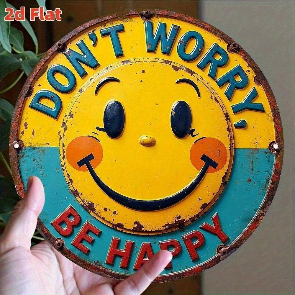 Rundes Metallschild im Vintage-Stil 'Don't Worry Be Happy' 7,8 Zoll Wandkunst Heimdekoration Blau Gelb