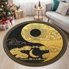 Yin Yang Round Area Rug Non-Slip Washable Floor Mat with Sun Moon Cloud Tree Print In Black Gold Grey for Zen Home