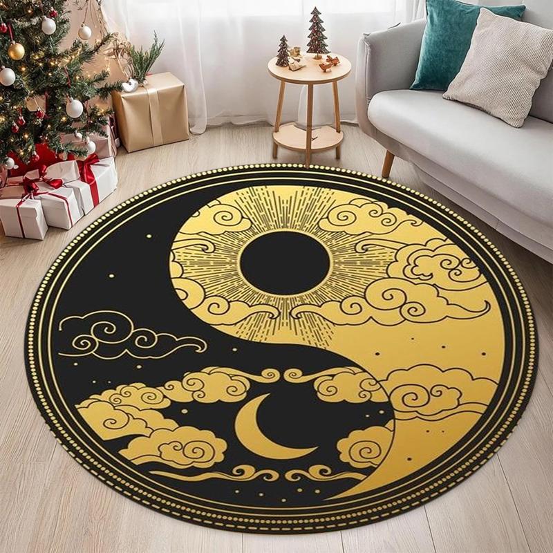Yin Yang Round Area Rug Non-Slip Washable Floor Mat with Sun Moon Cloud Tree Print in Black Gold Grey for Zen Home