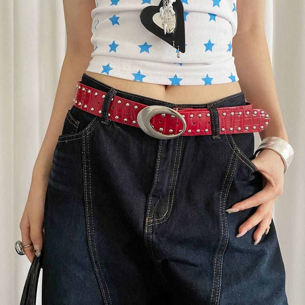 Y2k Women's Rivet Belt Gothic Dress Jeans Belt Niche Leather Waist Belt  Streetwear