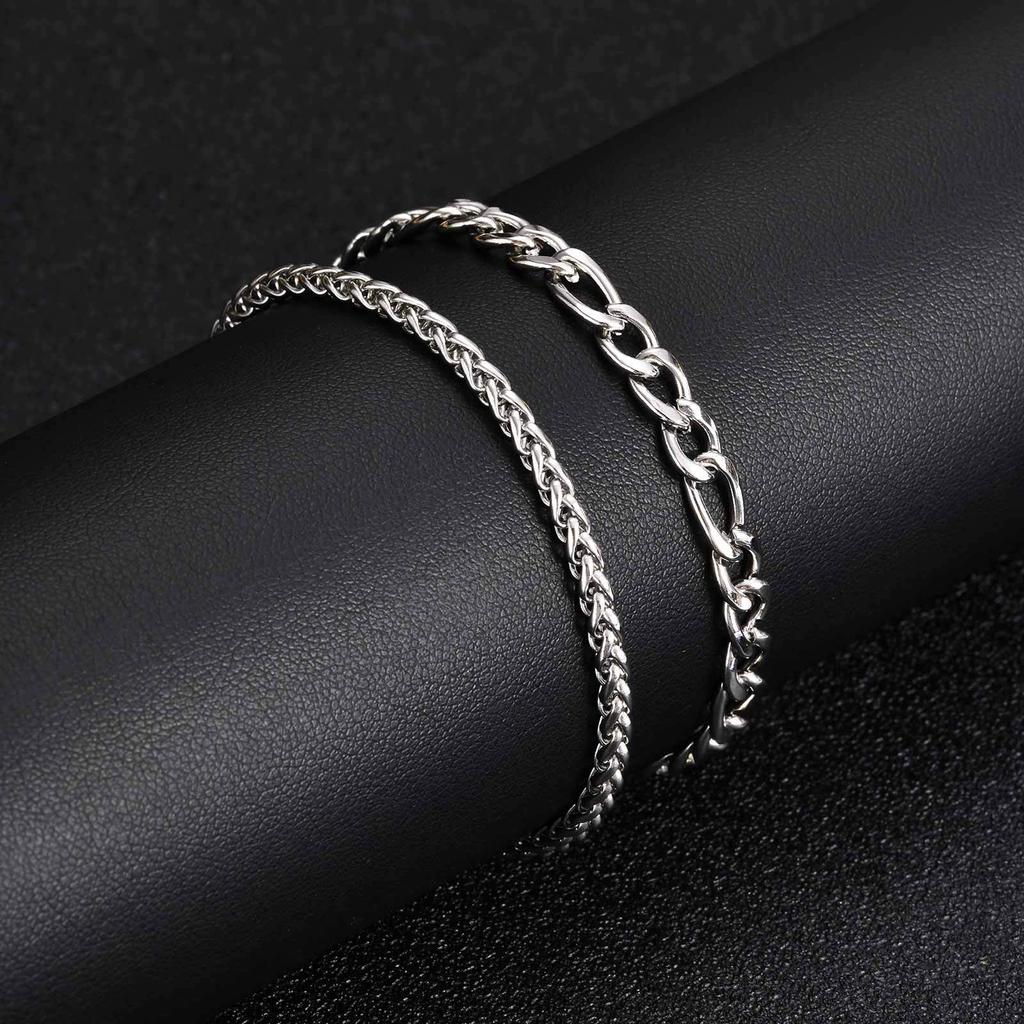 2pcs Stainless Steel Bracelet for Men,Silver Color Wheat Chain Figaro Chain Link Bracelets,Hip Hop Trend Jewelry Gift