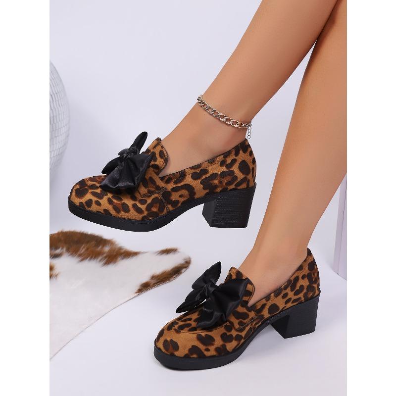 Bow Mid-heel Professional Shoes Women's 2025 Autumn New Leopard Print Thick-heeled Plus-size Low-top Shoes