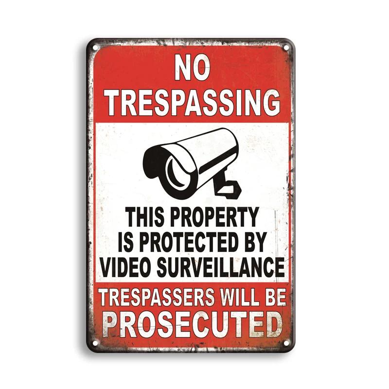 Vintage Tin Sign Retro Warning Metal Sign Video Surveillance Signs No Trespassing Sign Poster For Garage Home Man Cave Wall Deco