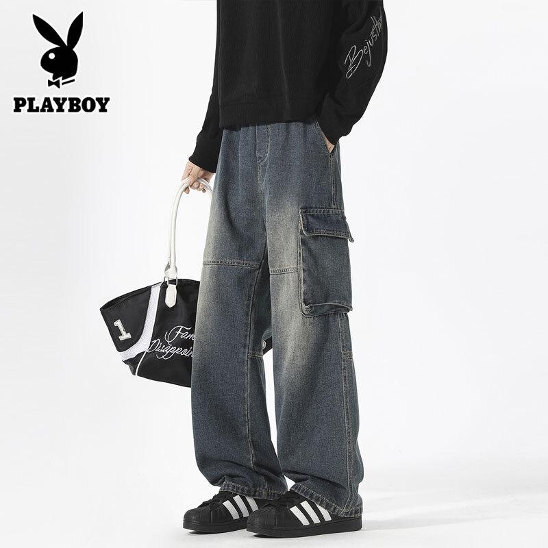 PLAYBOY Men's Loose Straight Leg Multi-Pocket Cargo Denim Pants