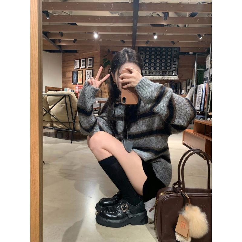 Sheepskin washed leather round head British one-pedal small leather shoes women's muffin single shoes platform lazy retro